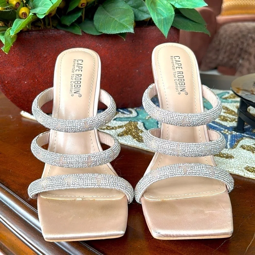 Cape Robbin Rhinestone Multi-Strap Square Toe High Heels Stilettos Sparkly Beige